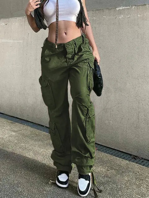 Button Low Waist Women's Cargo and Denim Pants